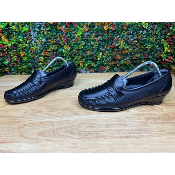 SAS San Antonio Shoes Easier Slip On Loafers Wedge‎ Heel Leather Black Womens 8 - Picture 3 of 11